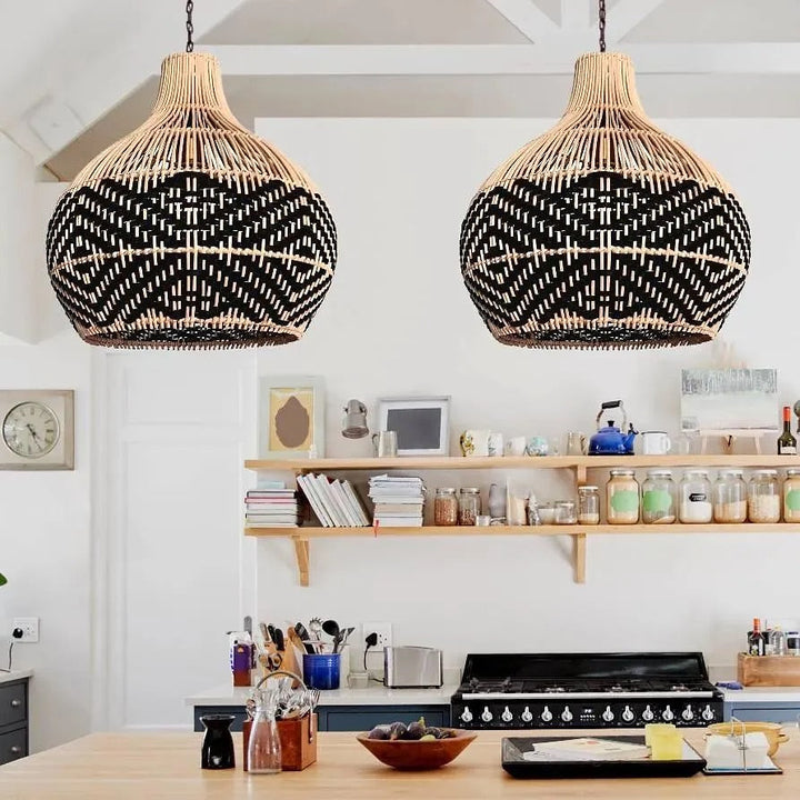 Bohemian Woven bamboo Pendant Light with Black and Natural Design