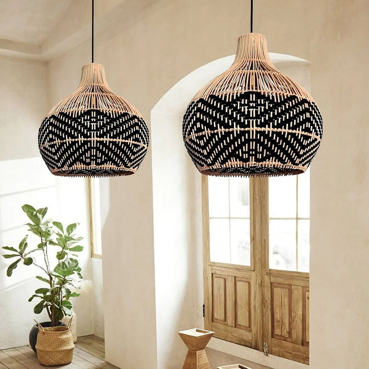 Bohemian Woven bamboo Pendant Light with Black and Natural Design