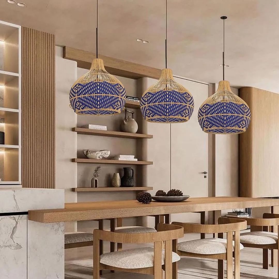 Bohemian Woven bamboo Pendant Light with Blue and Natural Design