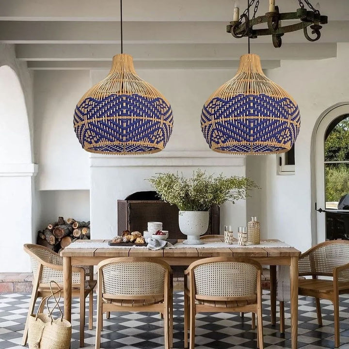 Bohemian Woven bamboo Pendant Light with Blue and Natural Design