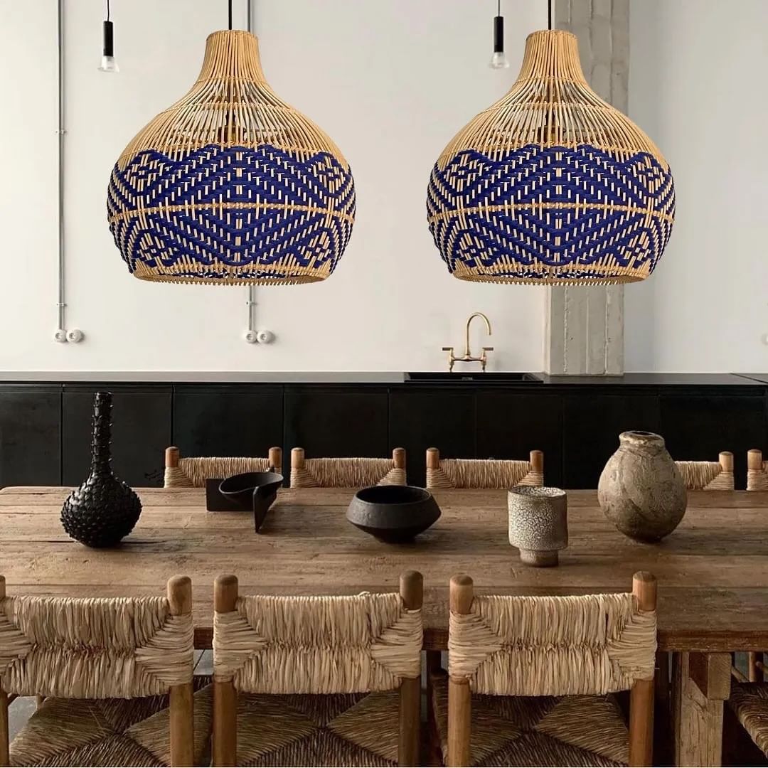 Bohemian Woven bamboo Pendant Light with Blue and Natural Design