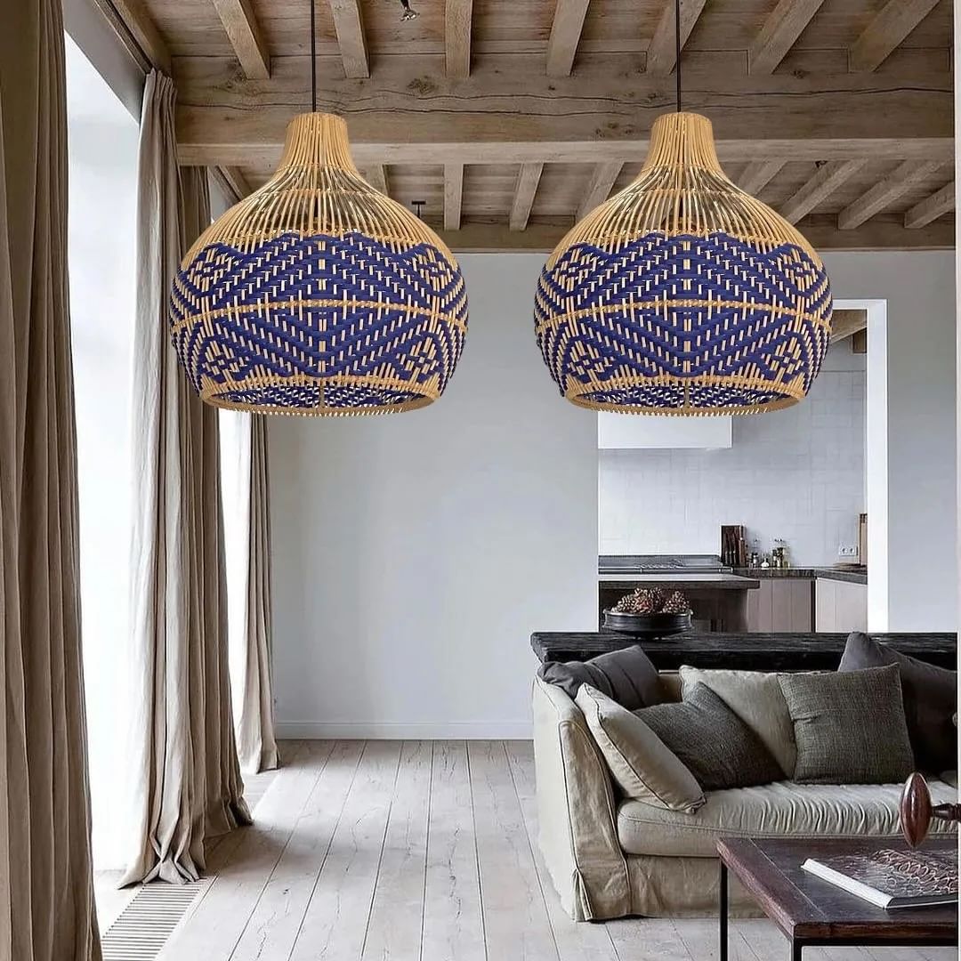 Bohemian Woven bamboo Pendant Light with Blue and Natural Design