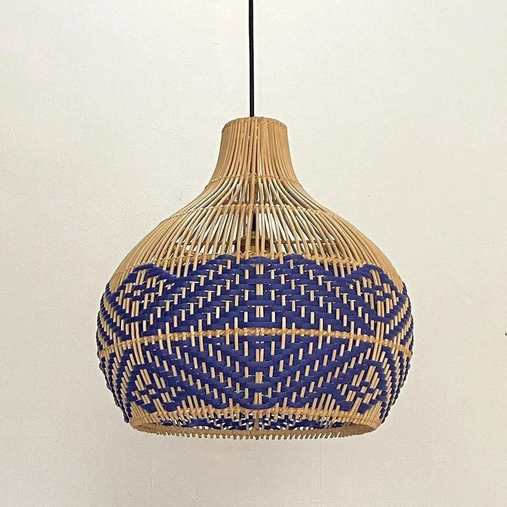 Bohemian Woven bamboo Pendant Light with Blue and Natural Design