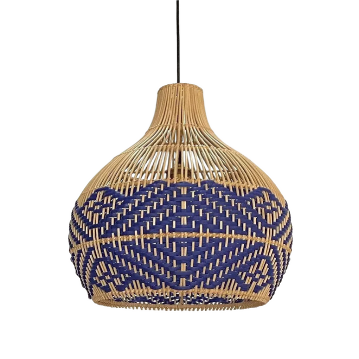 Bohemian Woven bamboo Pendant Light with Blue and Natural Design