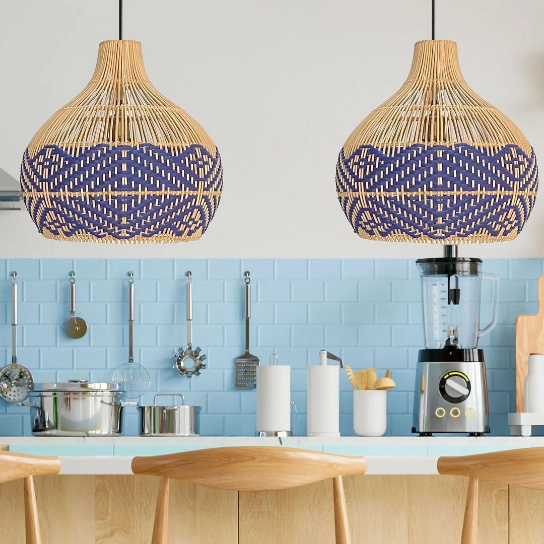 Bohemian Woven bamboo Pendant Light with Blue and Natural Design