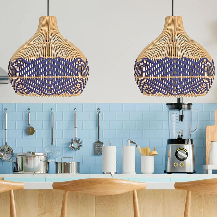 Bohemian Woven bamboo Pendant Light with Blue and Natural Design