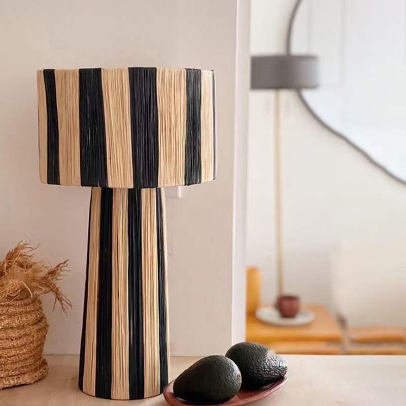 Rustic Striped Table Lamp in Black and Natural Fibers