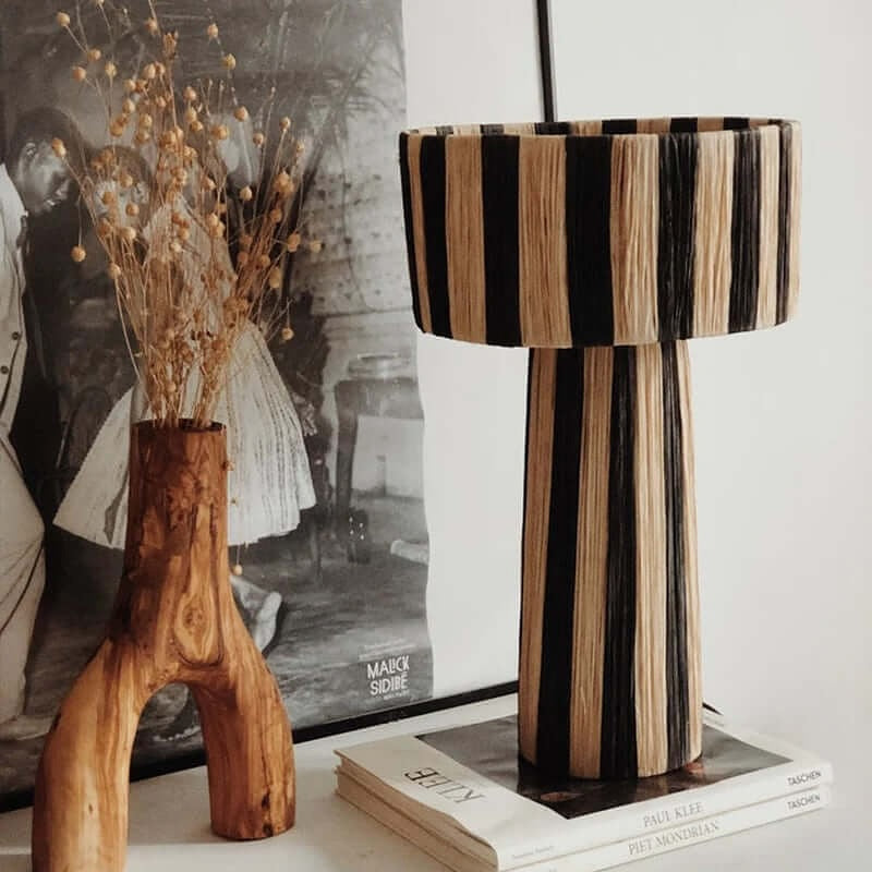 Rustic Striped Table Lamp in Black and Natural Fibers