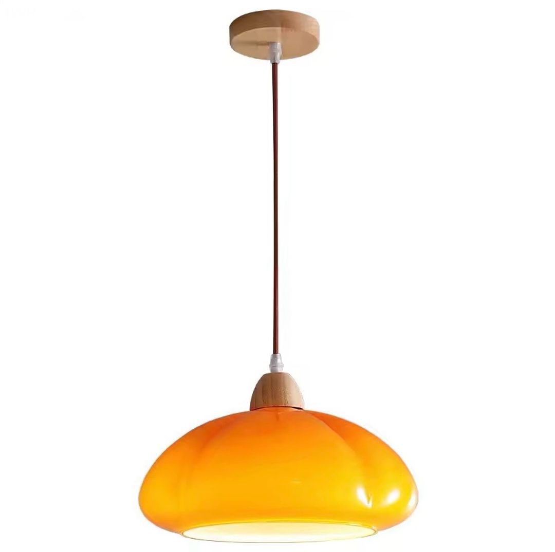 ORANGE or WHITE Glass Pendant Light with Wood Accents