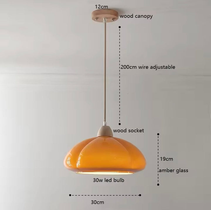 ORANGE or WHITE Glass Pendant Light with Wood Accents