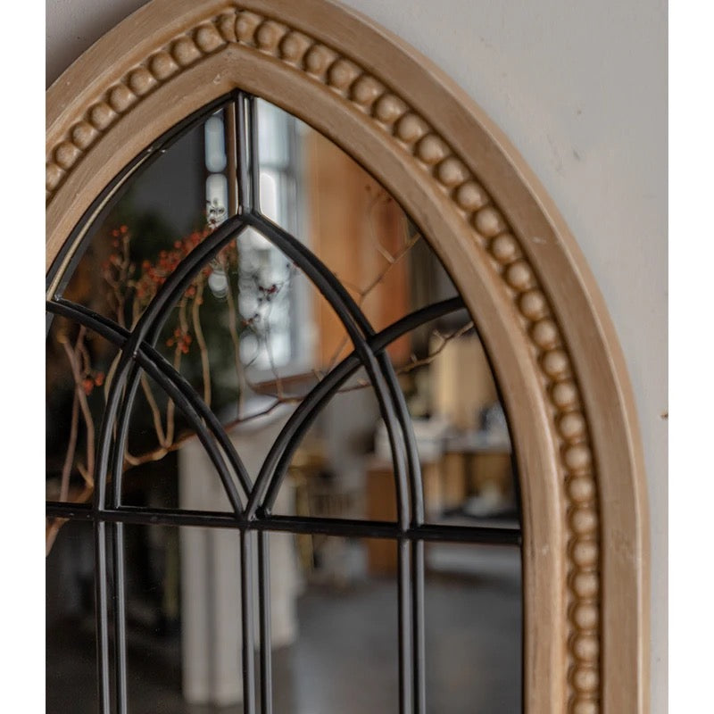 Arched Wooden Wall Mirror with Beaded Frame