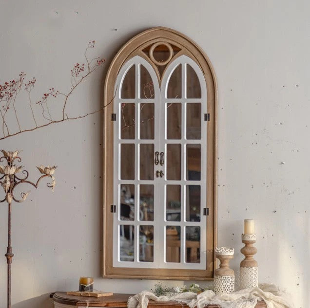 Arched Wooden Wall Mirror with Decorative Doors