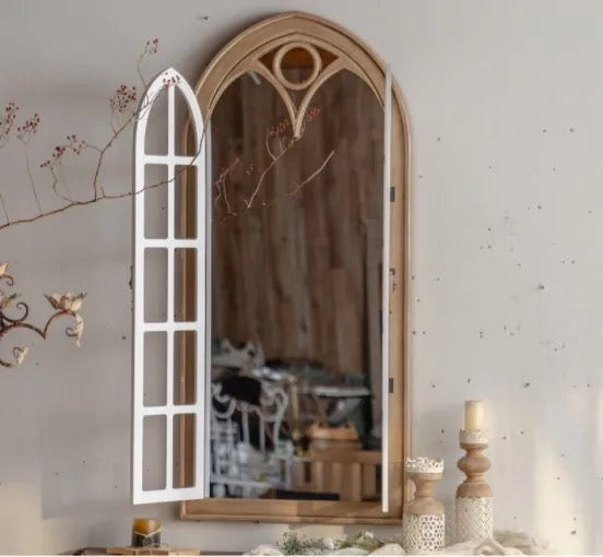 Arched Wooden Wall Mirror with Decorative Doors