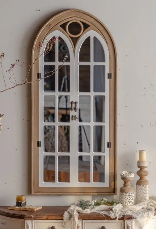 Arched Wooden Wall Mirror with Decorative Doors