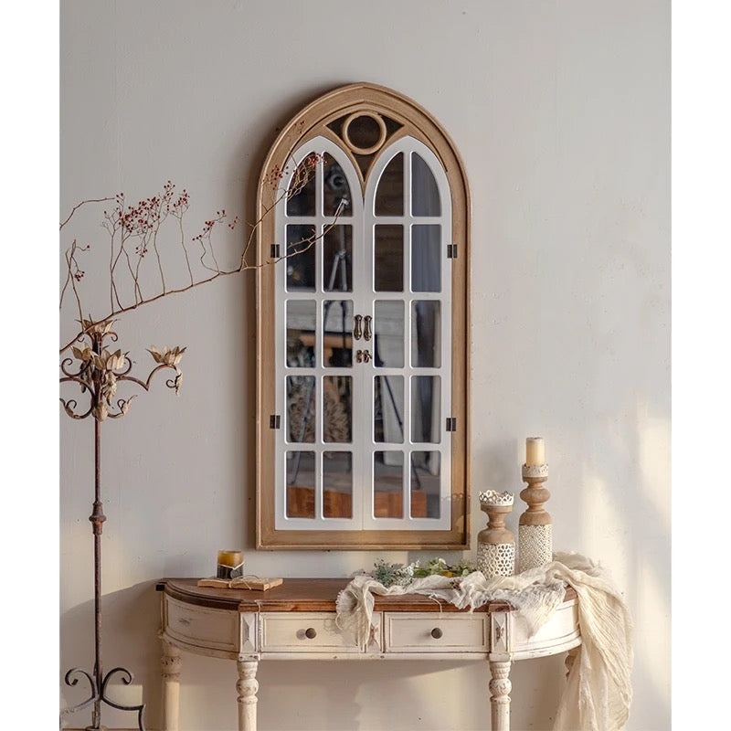 Arched Wooden Wall Mirror with Decorative Doors