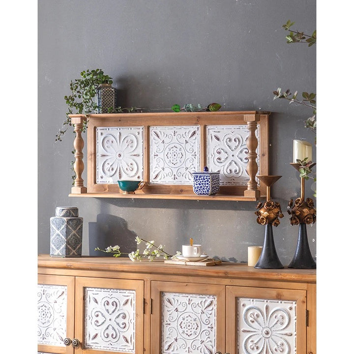 Rustic Wooden Wall Shelf with Decorative Tile Panels