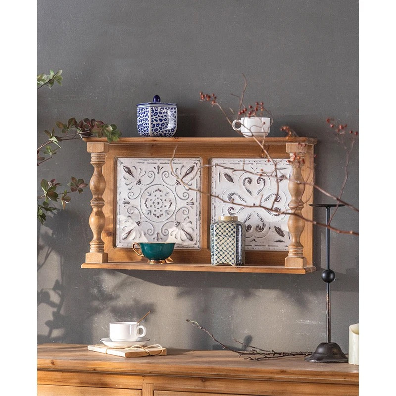 Rustic Wooden Wall Shelf with Decorative Tile Panels