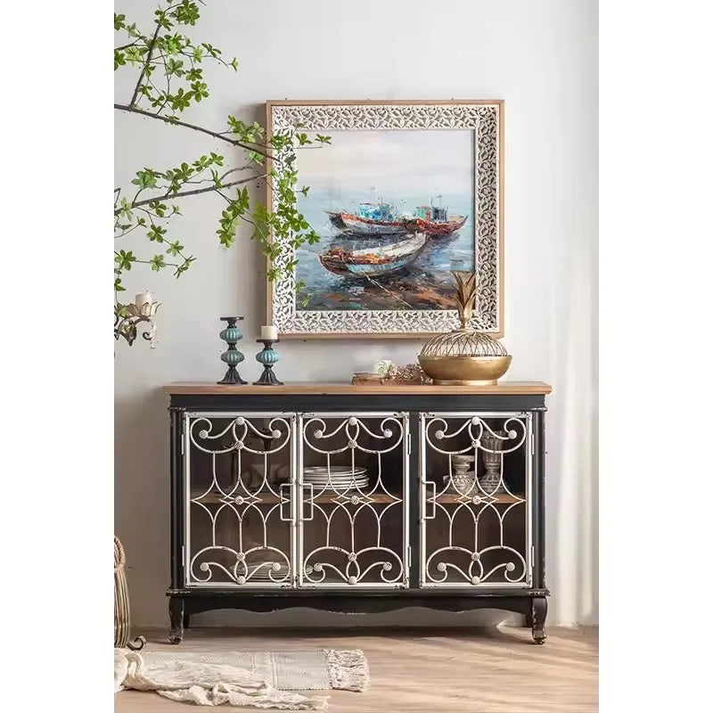 Vintage Black Wooden Cabinet with Decorative Metal Doors