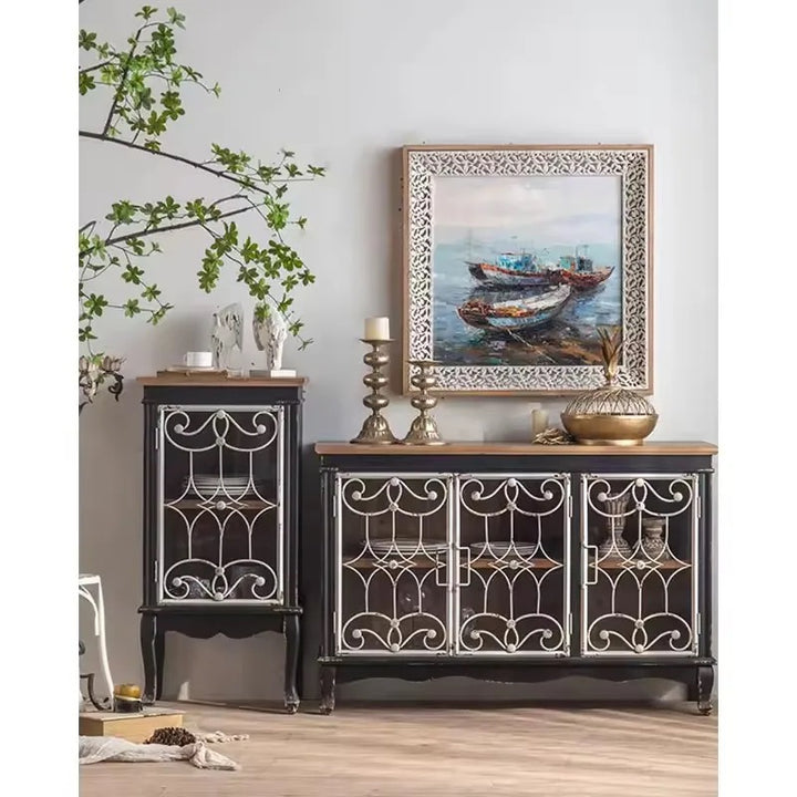 Vintage Black Wooden Cabinet with Decorative Metal Doors