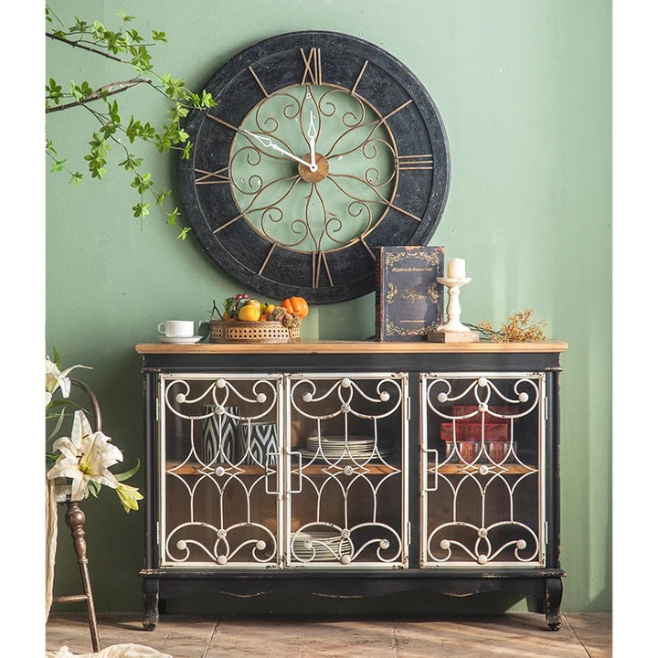 Vintage Black Wooden Cabinet with Decorative Metal Doors