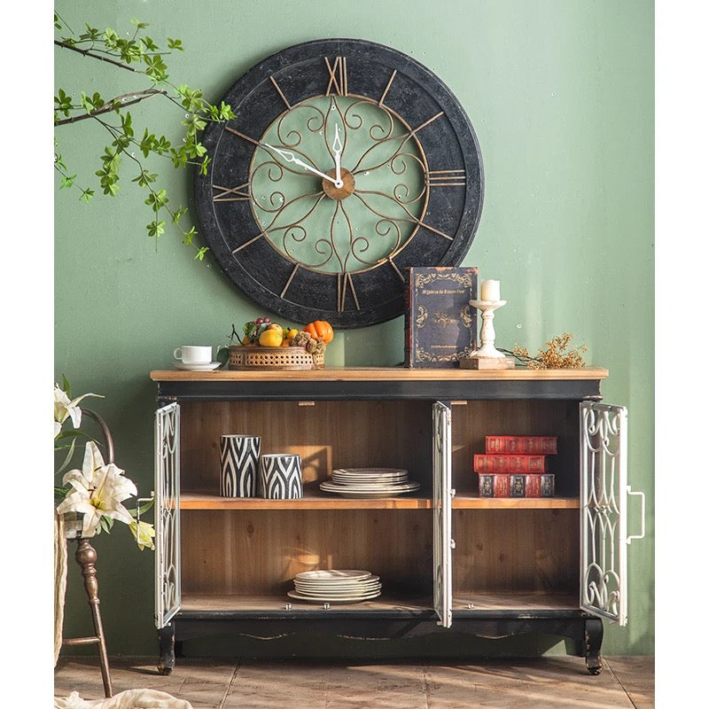 Vintage Black Wooden Cabinet with Decorative Metal Doors