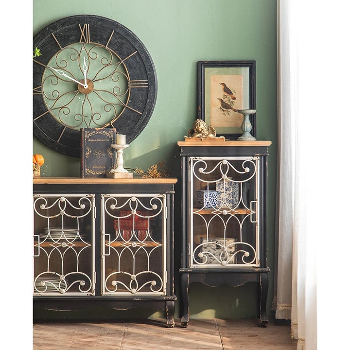 Vintage Black Wooden Cabinet with Decorative Metal Doors