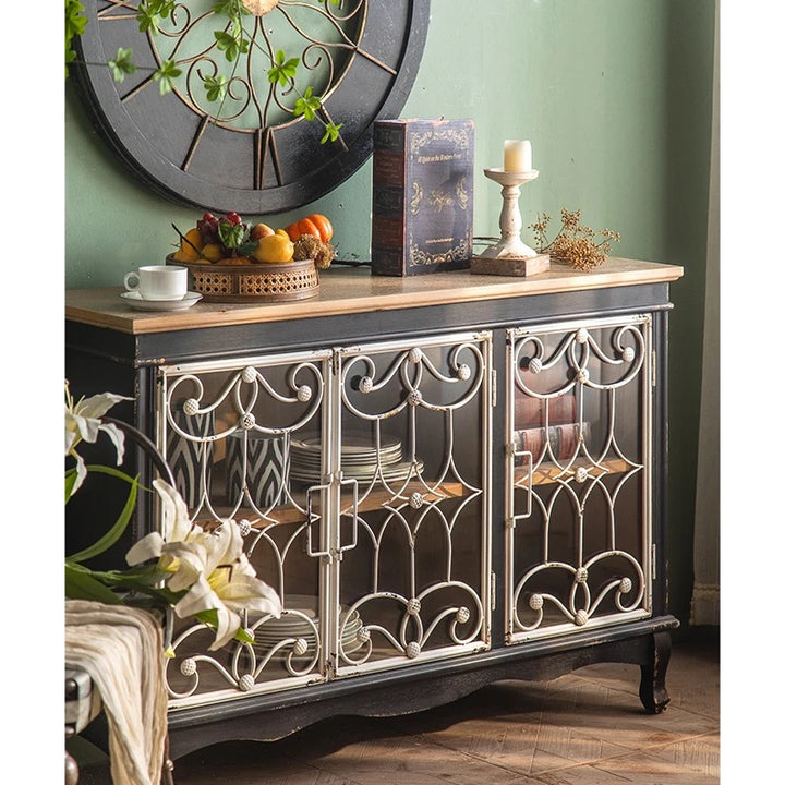 Vintage Black Wooden Cabinet with Decorative Metal Doors