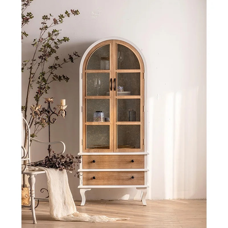 Arched Wooden Cabinet with Glass Doors and Drawers