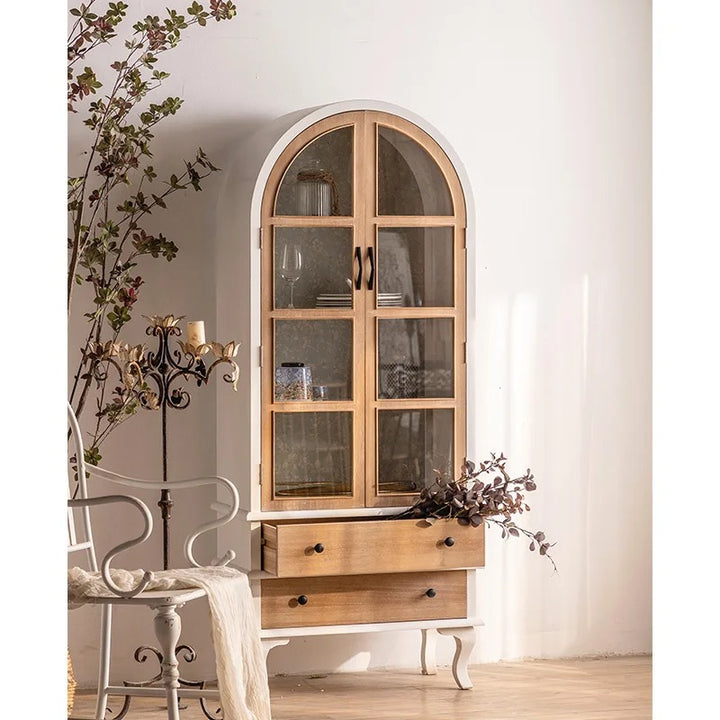 Arched Wooden Cabinet with Glass Doors and Drawers