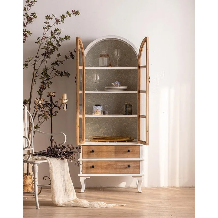 Arched Wooden Cabinet with Glass Doors and Drawers