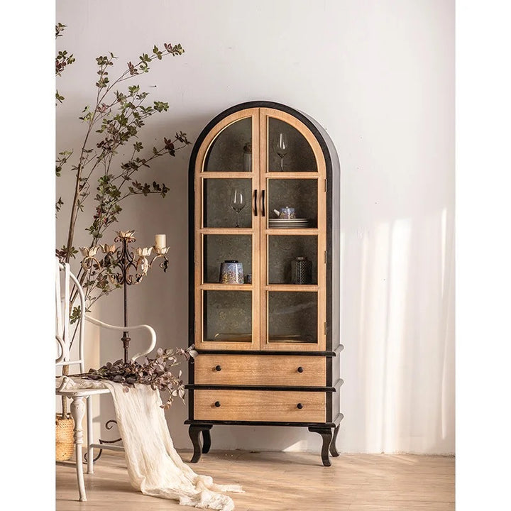 Arched Wooden Cabinet with Glass Doors and Drawers