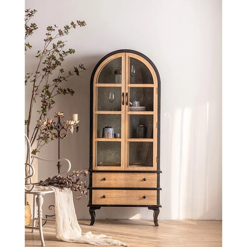 Arched Wooden Cabinet with Glass Doors and Drawers