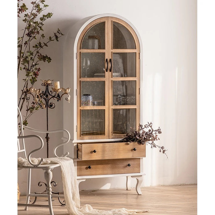 Arched Wooden Cabinet with Glass Doors and Drawers