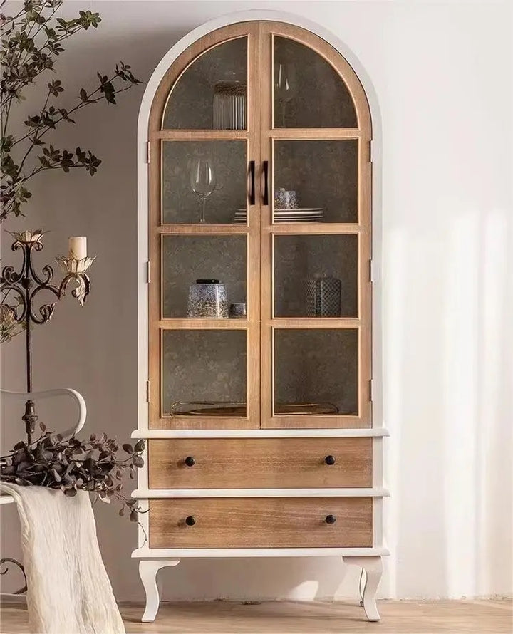 Arched Wooden Cabinet with Glass Doors and Drawers