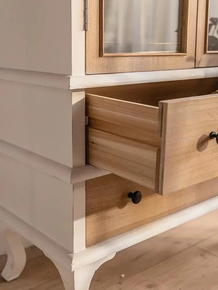 Arched Wooden Cabinet with Glass Doors and Drawers