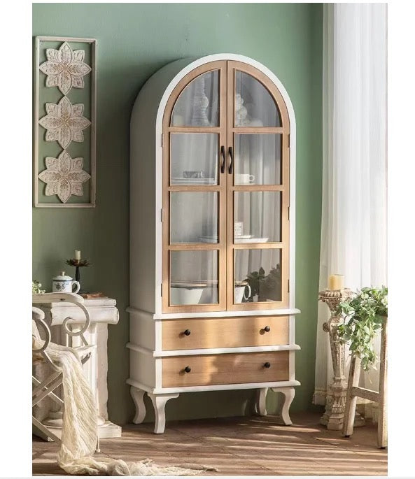 Arched Wooden Cabinet with Glass Doors and Drawers