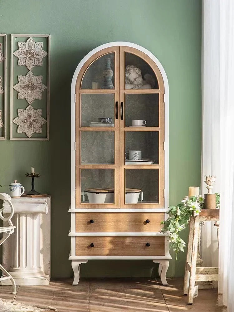 Arched Wooden Cabinet with Glass Doors and Drawers