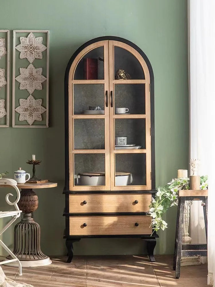 Arched Wooden Cabinet with Glass Doors and Drawers