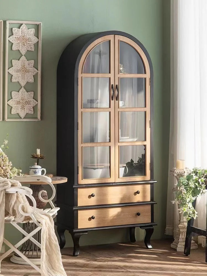 Arched Wooden Cabinet with Glass Doors and Drawers