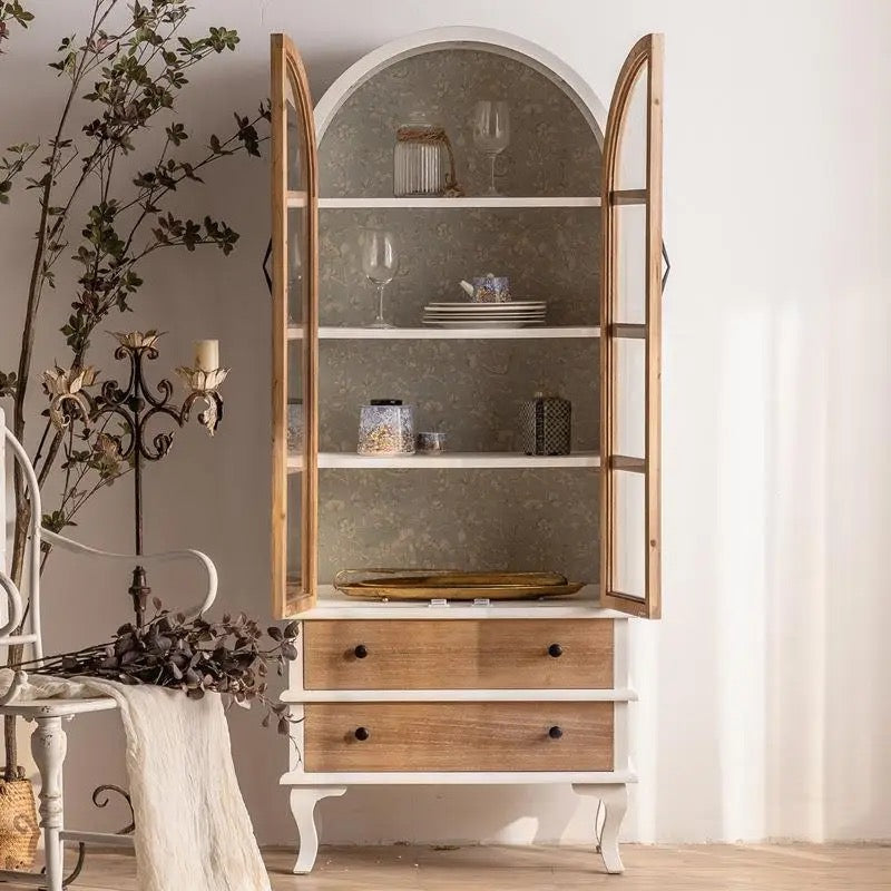 Arched Wooden Cabinet with Glass Doors and Drawers