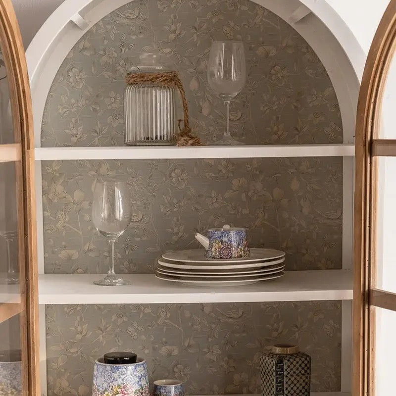 Arched Wooden Cabinet with Glass Doors and Drawers