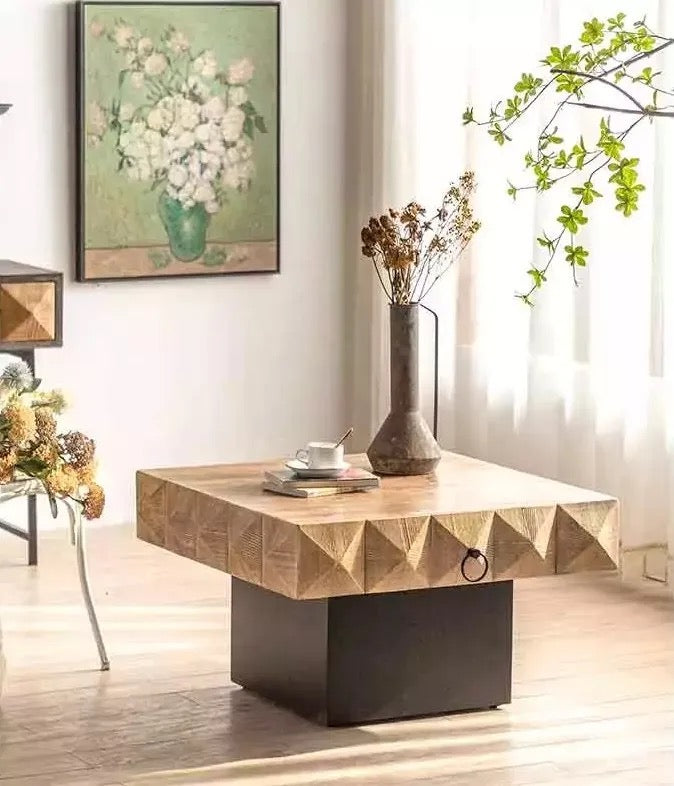 Modern Geometric Wooden Coffee Table with Metal Base