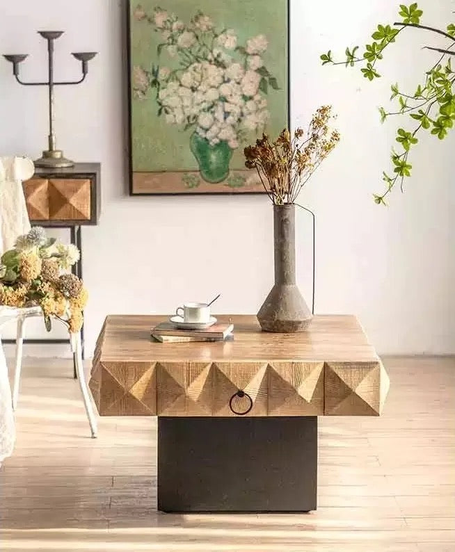 Modern Geometric Wooden Coffee Table with Metal Base