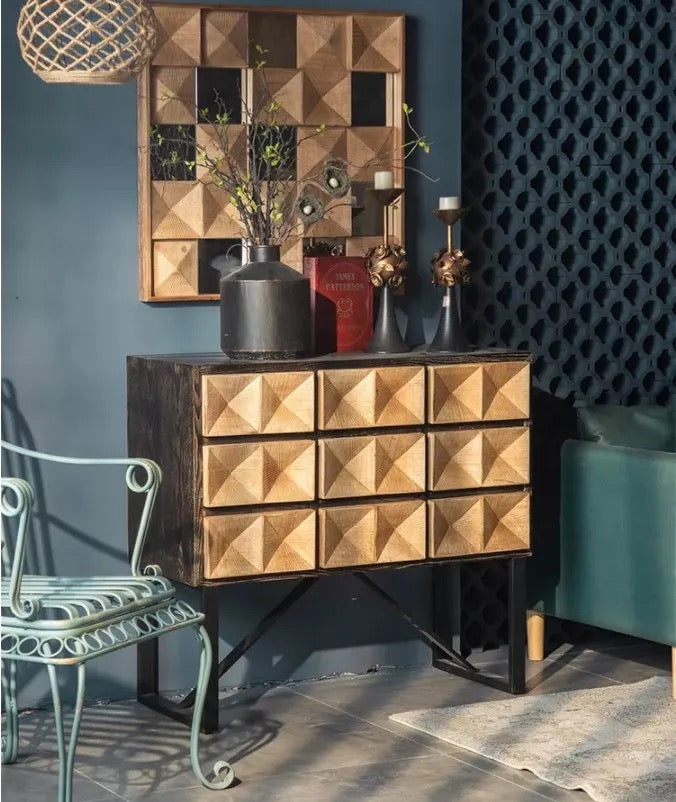 Modern Geometric Wooden Cabinet with Metal Frame