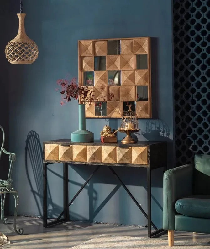 Geometric Wooden Wall Mirror with Carved Design