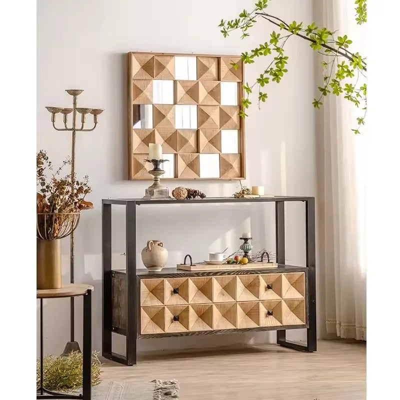 Geometric Wooden Wall Mirror with Carved Design