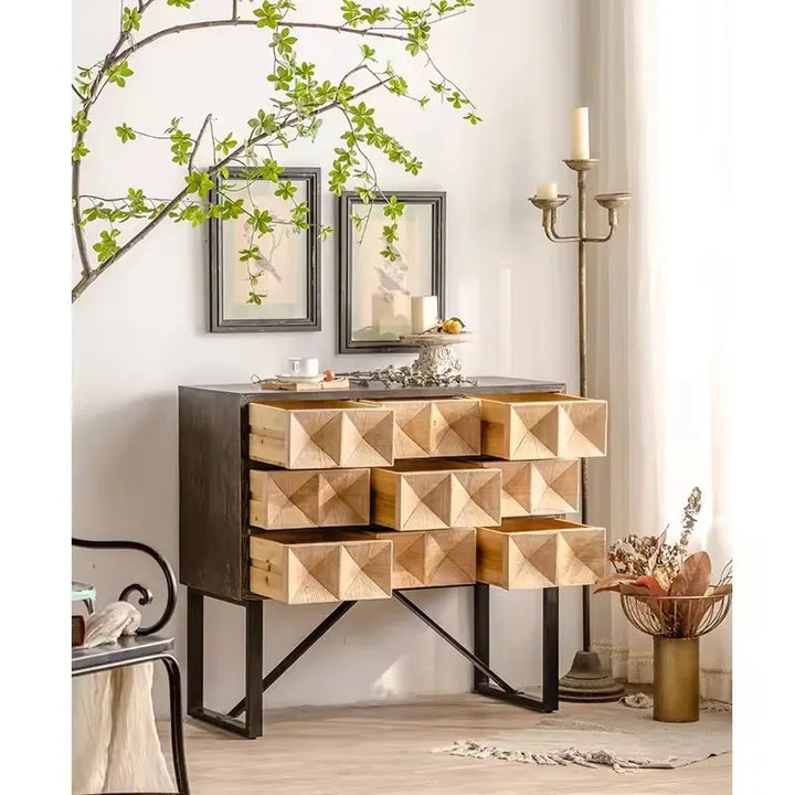 Modern Geometric Wooden Cabinet with Metal Frame