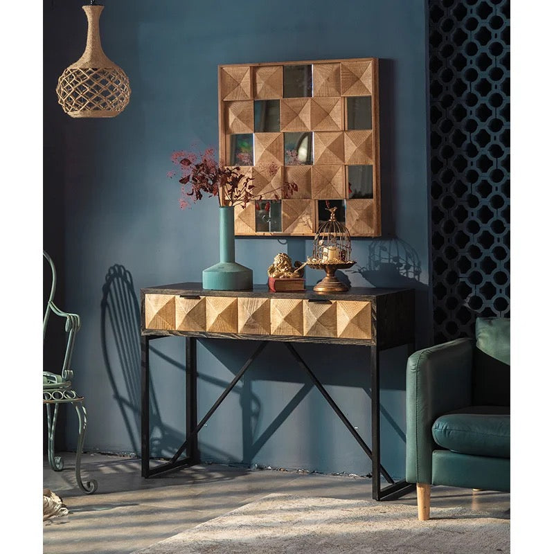 Geometric Wooden Wall Mirror with Carved Design