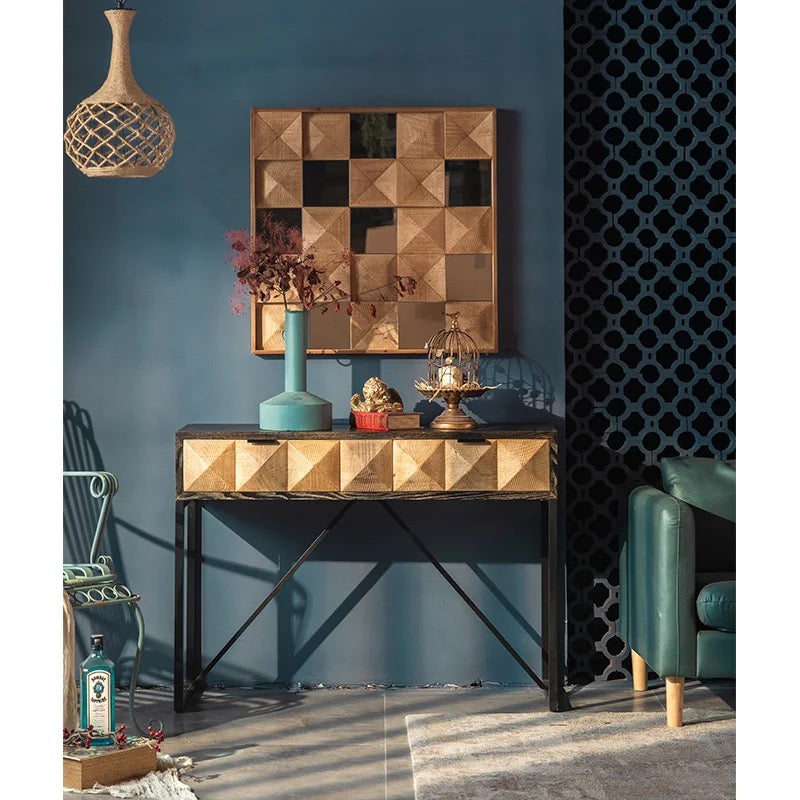 Geometric Wooden Wall Mirror with Carved Design