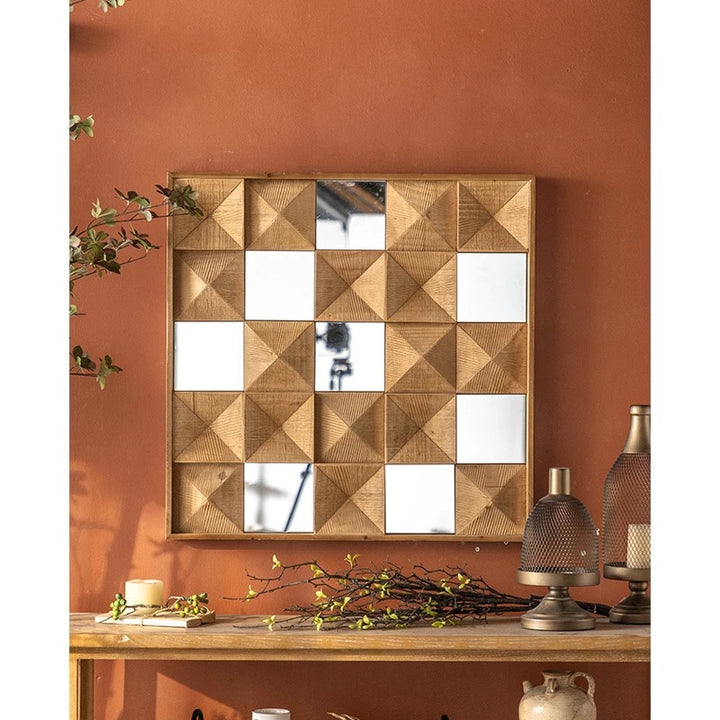 Geometric Wooden Wall Mirror with Carved Design